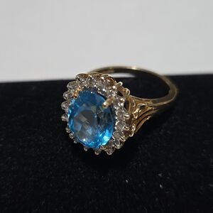 14k Solid Yellow Gold Ring With Blue Topaz And Diamonds, Size 7 3/4